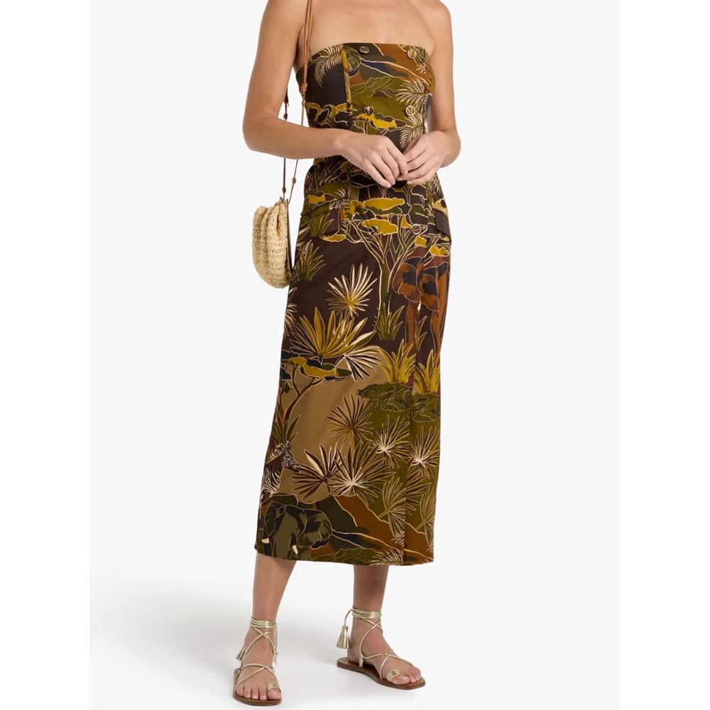 FARM Rio Strapless Tropical Print Midi Dress in Brown and Olive